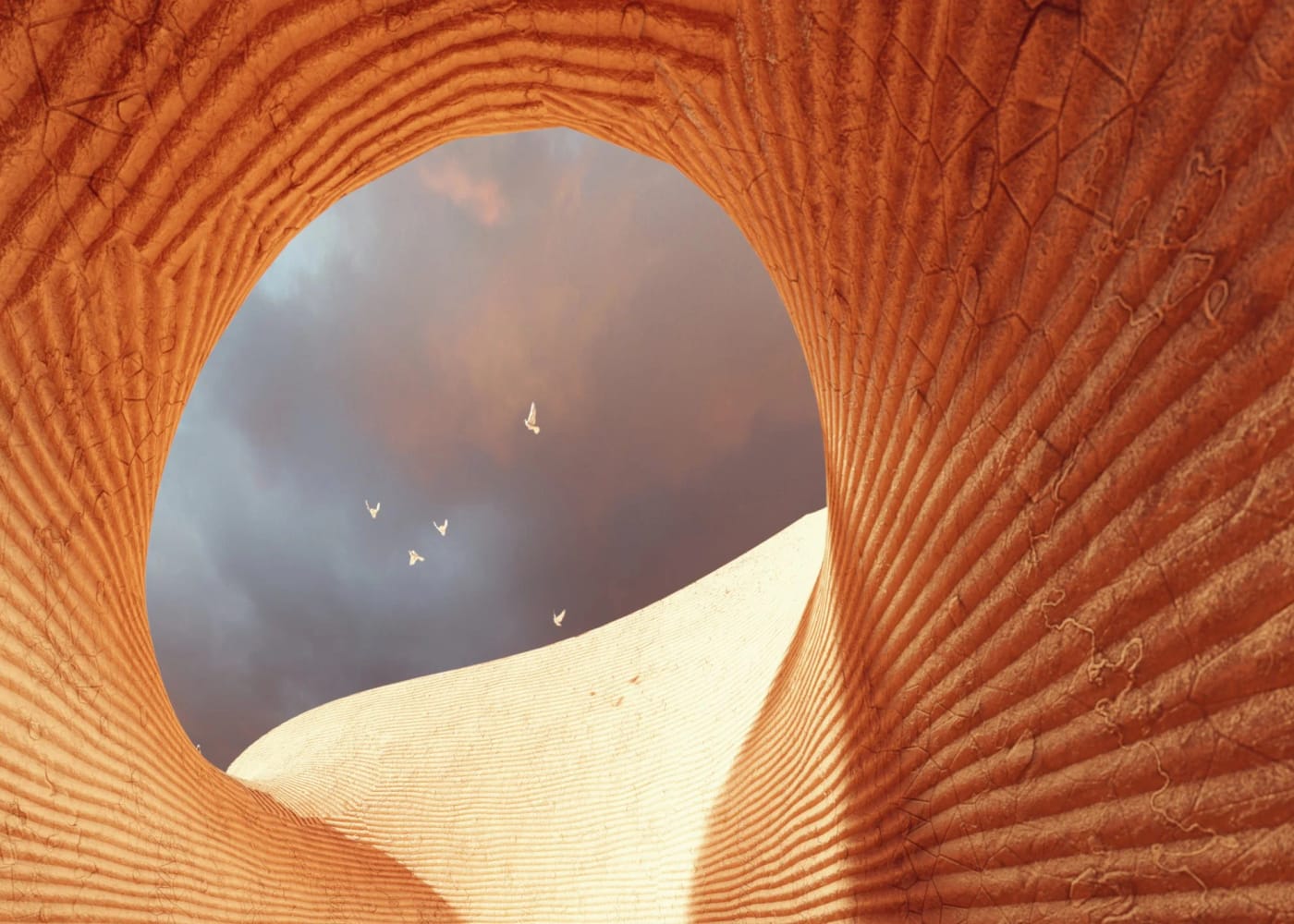 Ribbed earthen vault with a circular oculus.