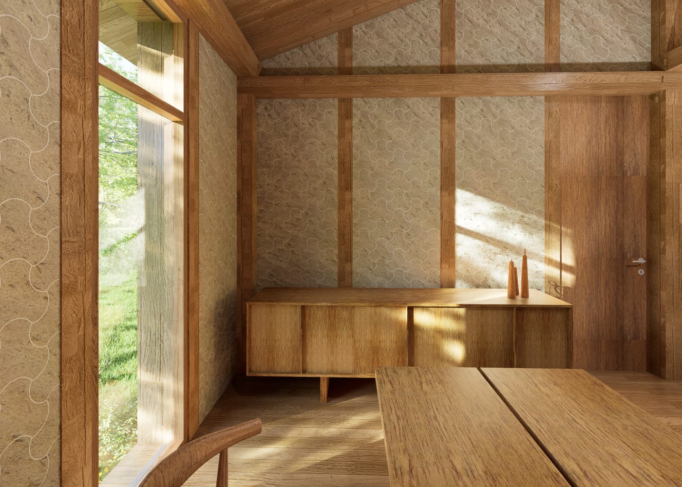 Interior lined with mycelium insulation panels and bio-clay tiles.